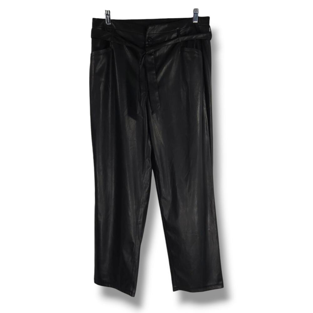 NWT Paige Kina Tie Waist Vegan Leather Ankle‎ Straight Leg Trousers Sz. 12 Black - Picture 2 of 11
